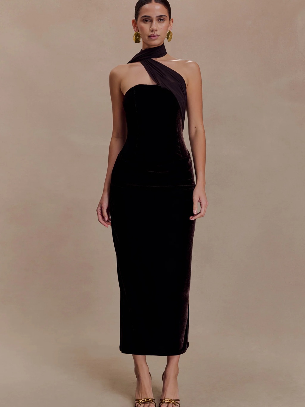 Meshki “Mattea” Velvet Midi Dress With Scarf - Chocolate